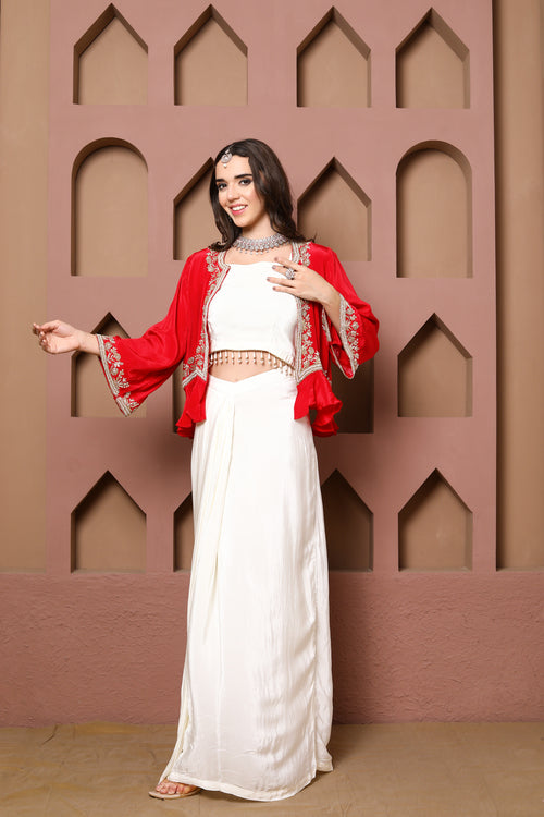 Elegant Red Embellished Jacket with Ivory Ensemble