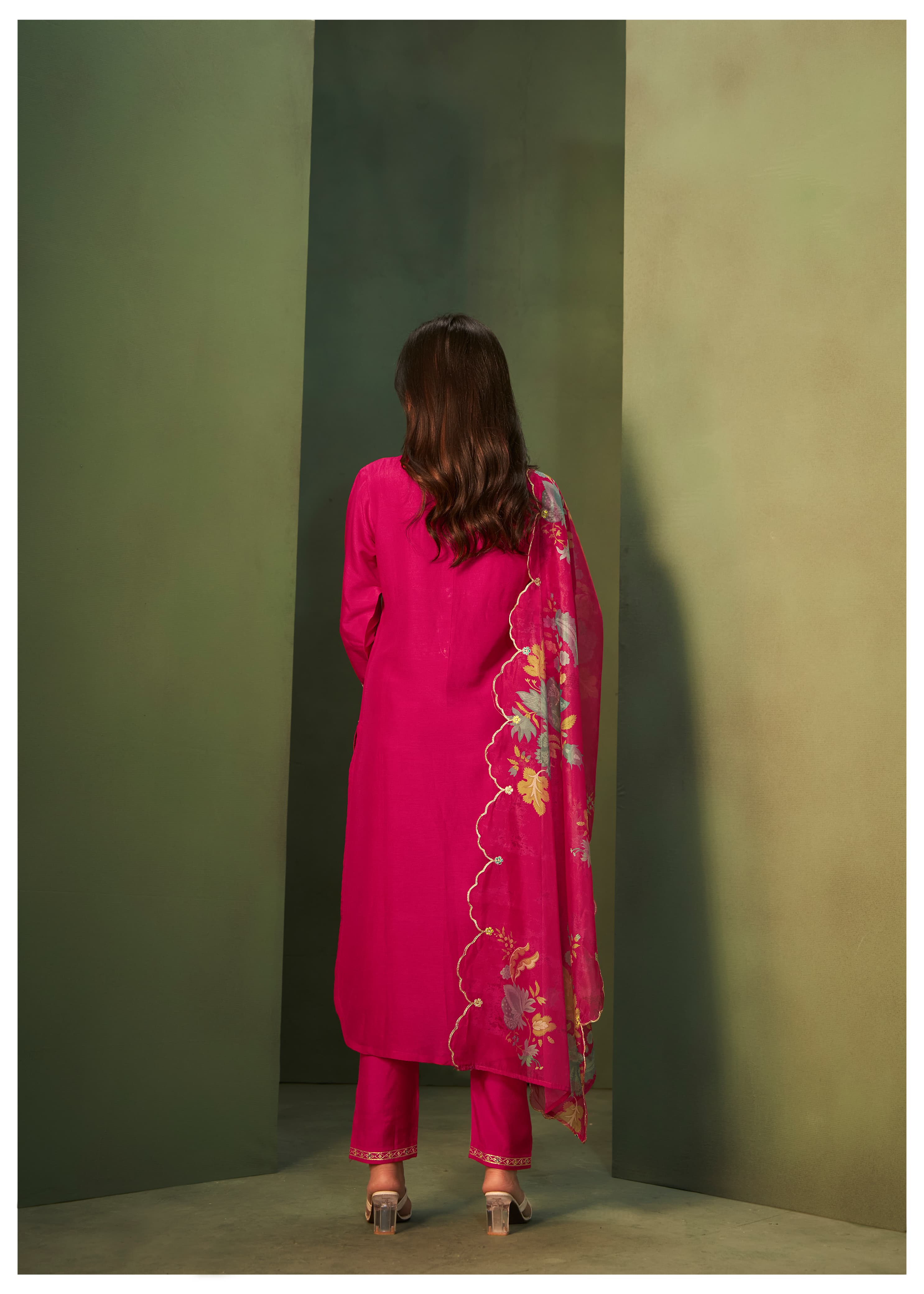 Add a touch of elegance to your wardrobe with this exquisite Kurta, Pant, and Dupatta Set in a charming Barbie pink hue, perfect for festive and
special occasions.