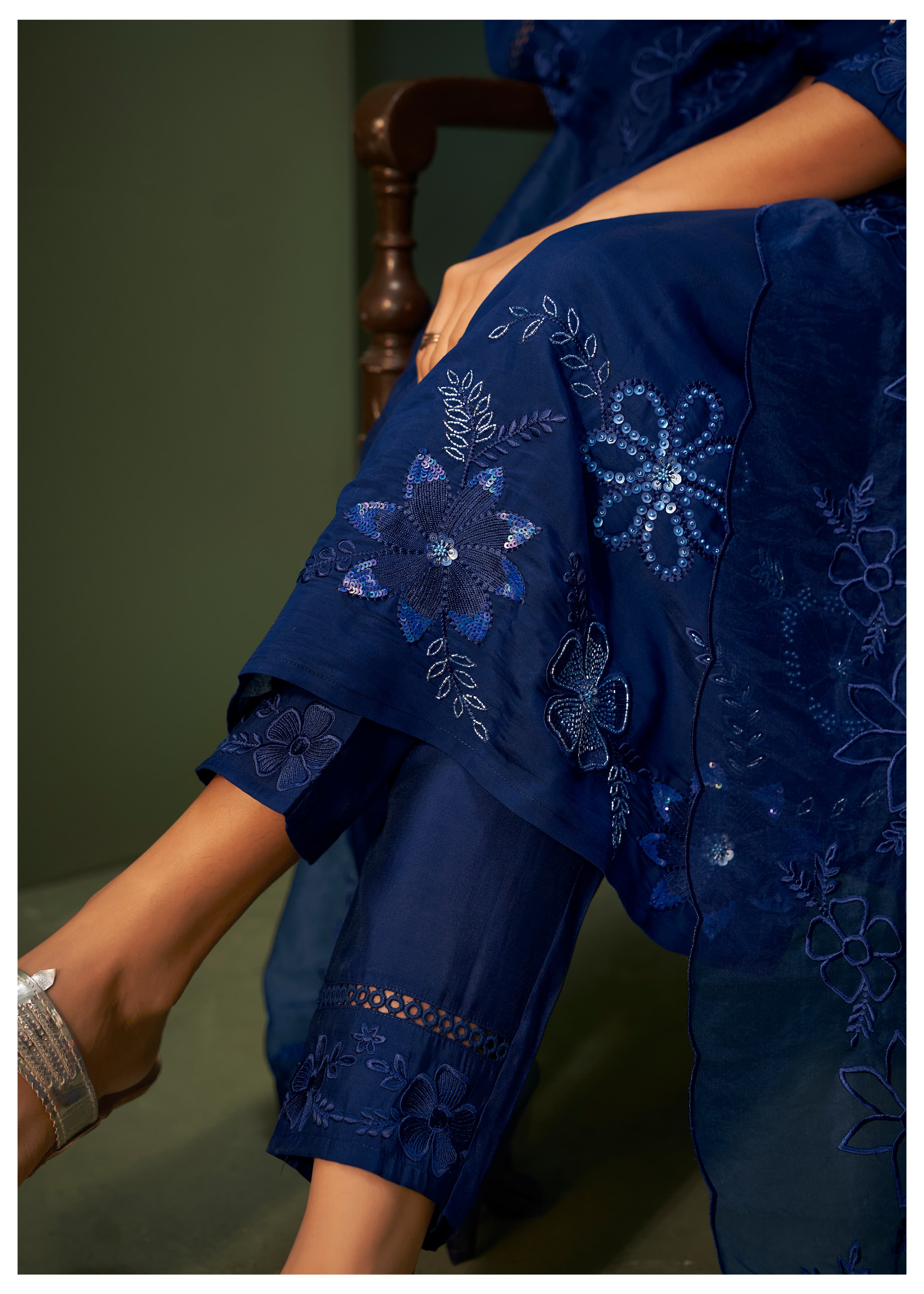 Elevate your ethnic wardrobe with this stunning blue Kurta, Pant, and Dupatta Set, perfect for any festive or special occasion.