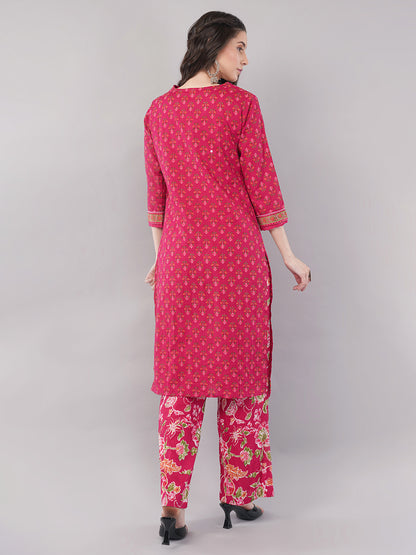 Pure Cotton Floral Print Suit Set (Kurta, Palazzo, Dupatta)