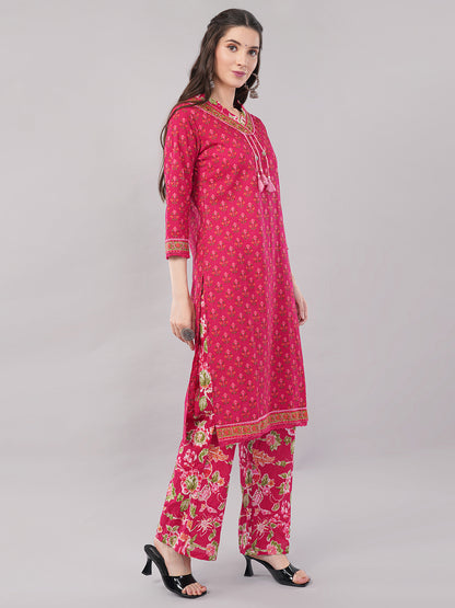 Pure Cotton Floral Print Suit Set (Kurta, Palazzo, Dupatta)
