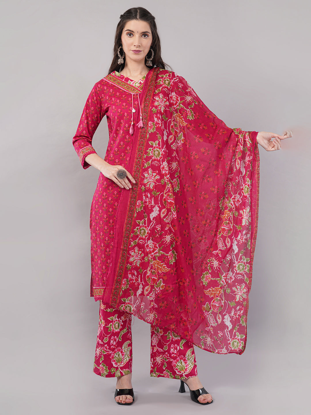 Pure Cotton Floral Print Suit Set (Kurta, Palazzo, Dupatta)