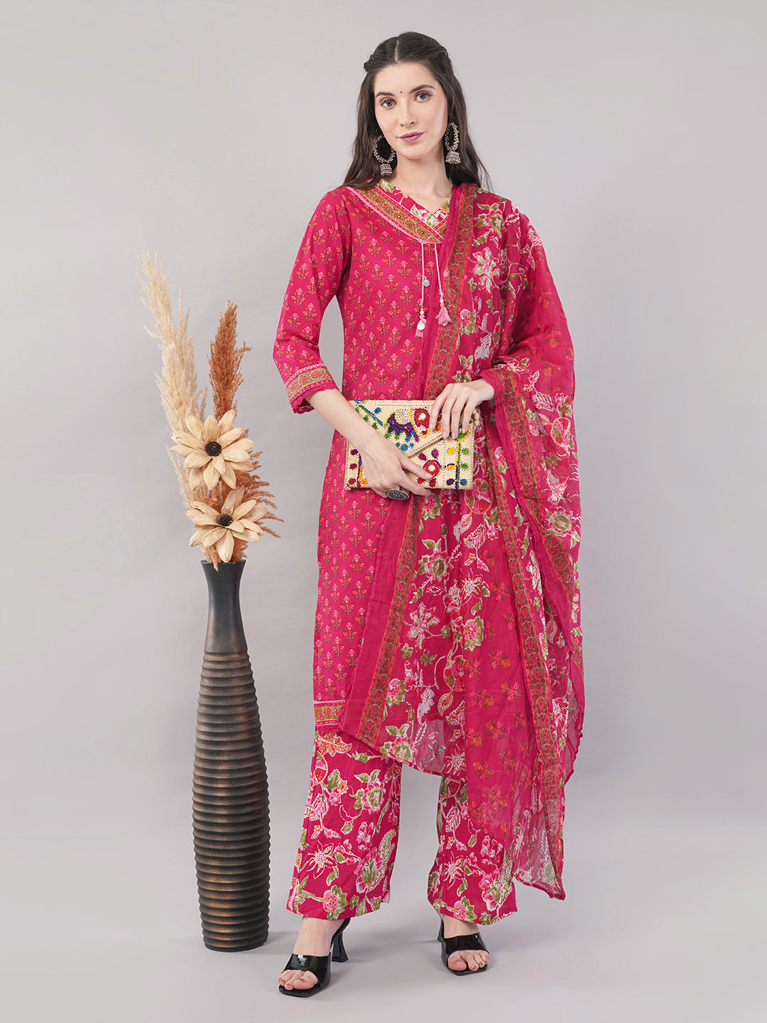 Pure Cotton Floral Print Suit Set (Kurta, Palazzo, Dupatta)