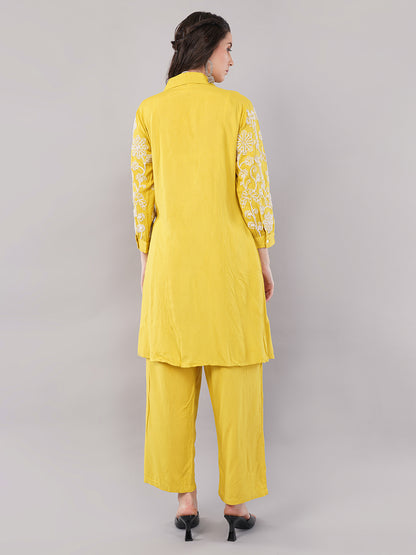 Embroidered Yellow Cotton A-Line Kurta with Straight Pants
