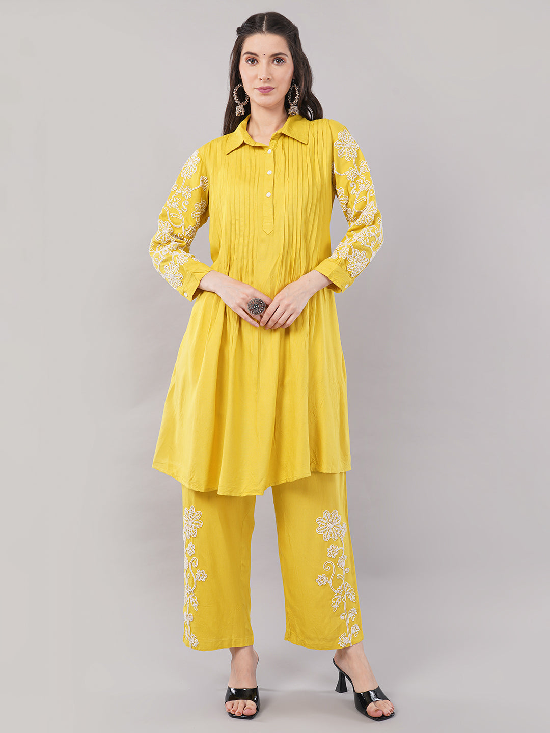 Embroidered Yellow Cotton A-Line Kurta with Straight Pants