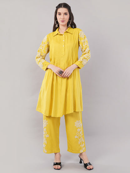 Embroidered Yellow Cotton A-Line Kurta with Straight Pants