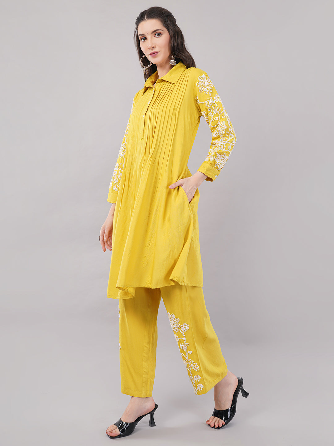 Embroidered Yellow Cotton A-Line Kurta with Straight Pants