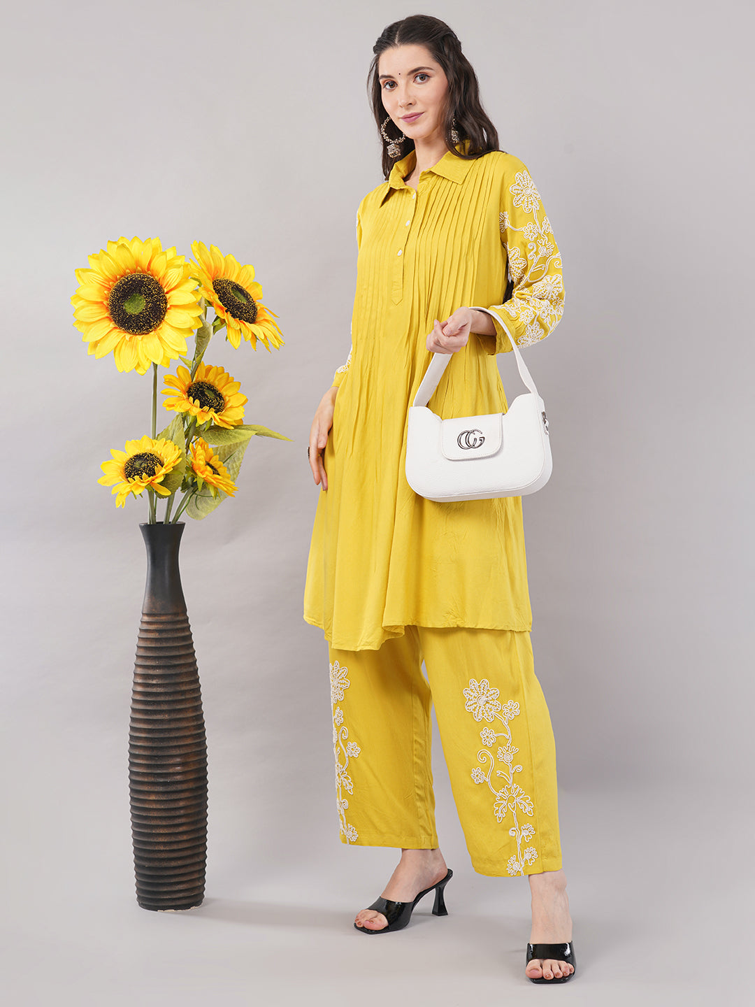 Embroidered Yellow Cotton A-Line Kurta with Straight Pants