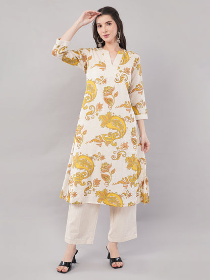 Cream &amp; Yellow Paisley Printed A-Line Kurta with Solid Straight Pants