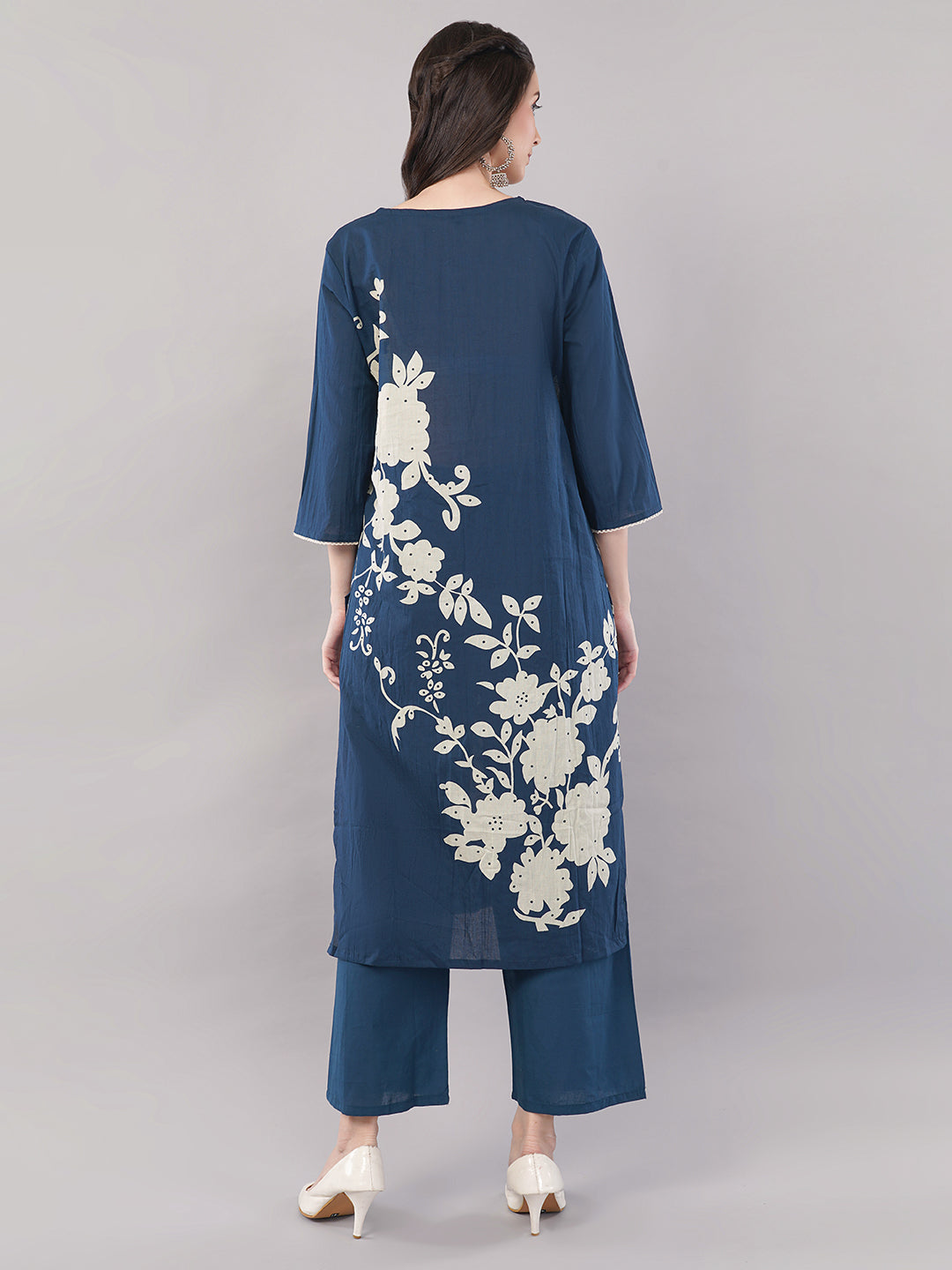 Navy Blue Floral Printed A-line Kurta Set with Dupatta