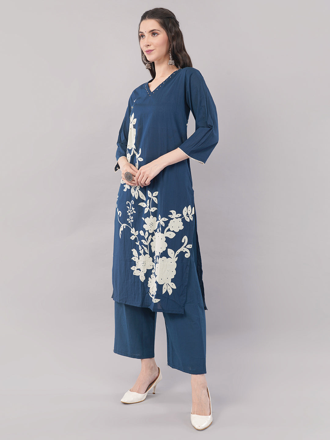 Navy Blue Floral Printed A-line Kurta Set with Dupatta