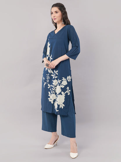 Navy Blue Floral Printed A-line Kurta Set with Dupatta
