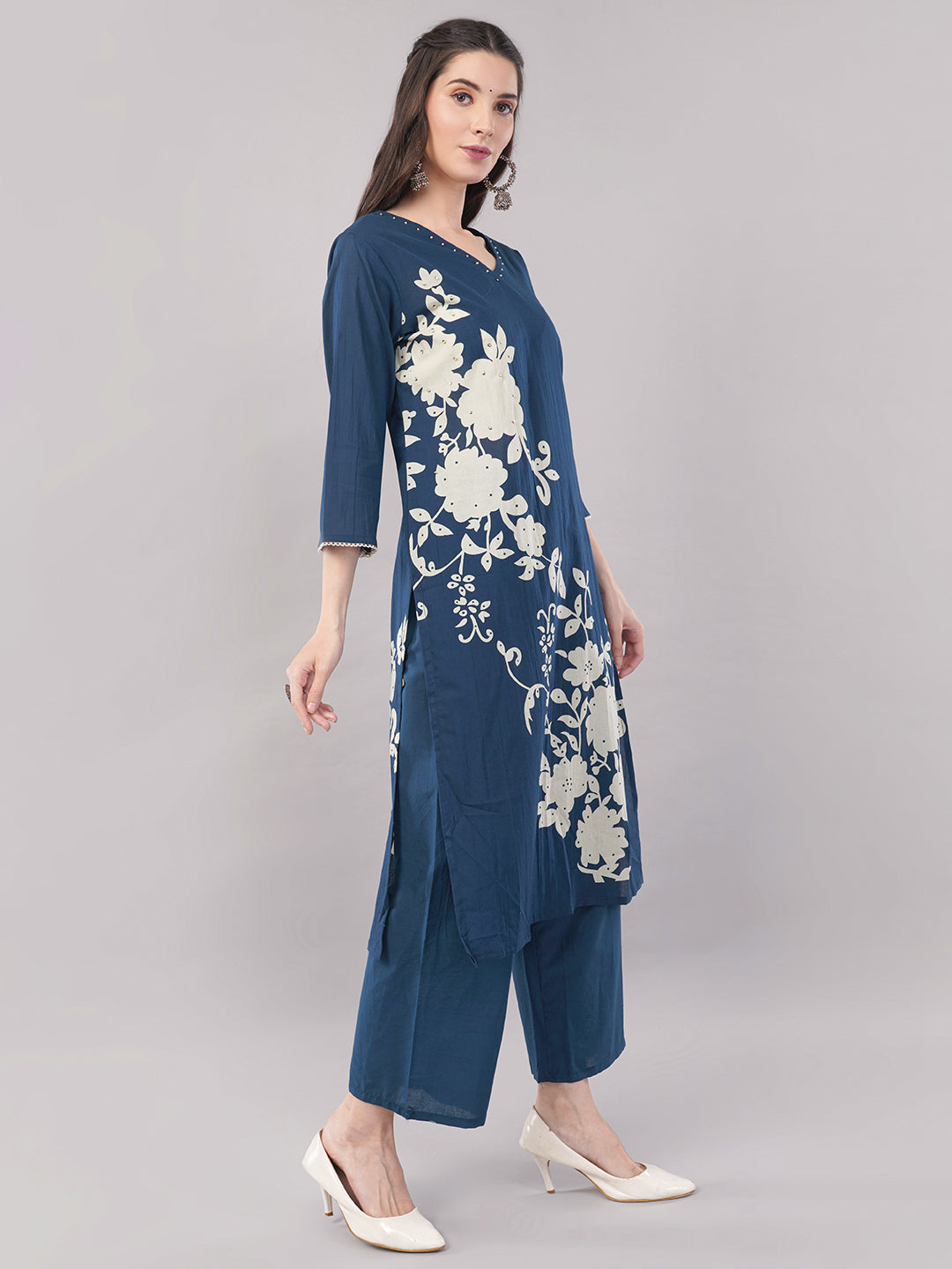 Navy Blue Floral Printed A-line Kurta Set with Dupatta