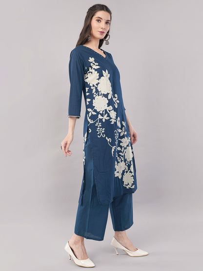 Navy Blue Floral Printed A-line Kurta Set with Dupatta