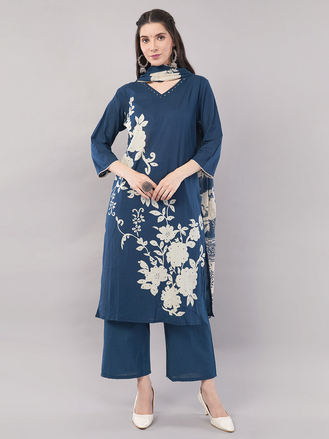 Navy Blue Floral Printed A-line Kurta Set with Dupatta