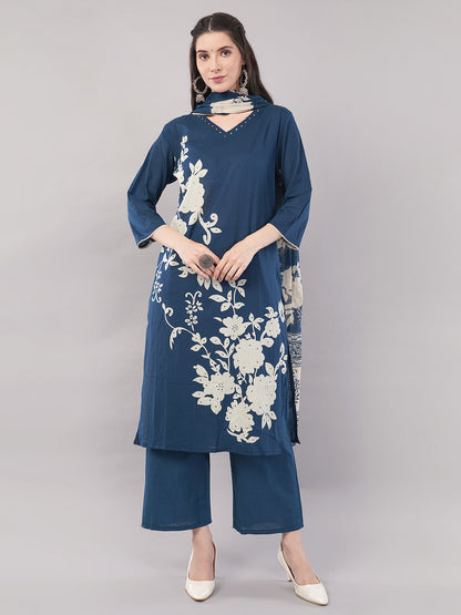 Navy Blue Floral Printed A-line Kurta Set with Dupatta