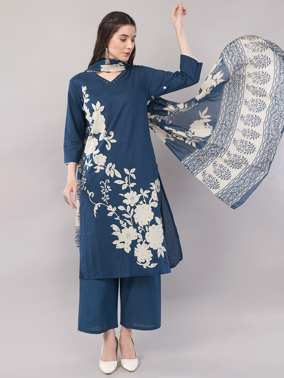 Navy Blue Floral Printed A-line Kurta Set with Dupatta