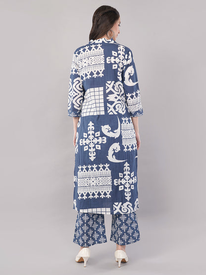 Indigo blue &amp; white Handblock Printed Straight Kurta Set with Dupatta