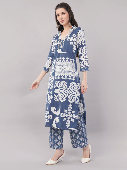 Indigo blue &amp; white Handblock Printed Straight Kurta Set with Dupatta