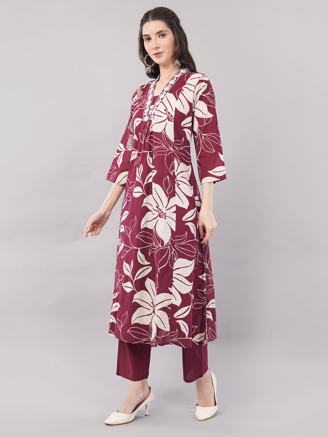 Wine Floral Printed Straight Kurta Set with Dupatta - Pure Cotton, V-Neck, 3/4 Sleeves