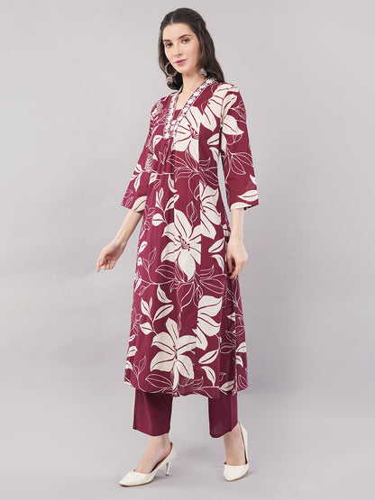 Wine Floral Printed Straight Kurta Set with Dupatta - Pure Cotton, V-Neck, 3/4 Sleeves