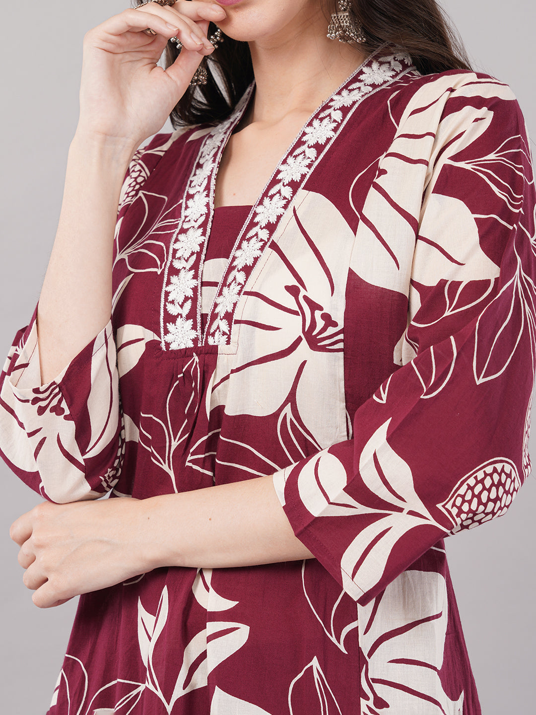 Wine Floral Printed Straight Kurta Set with Dupatta - Pure Cotton, V-Neck, 3/4 Sleeves