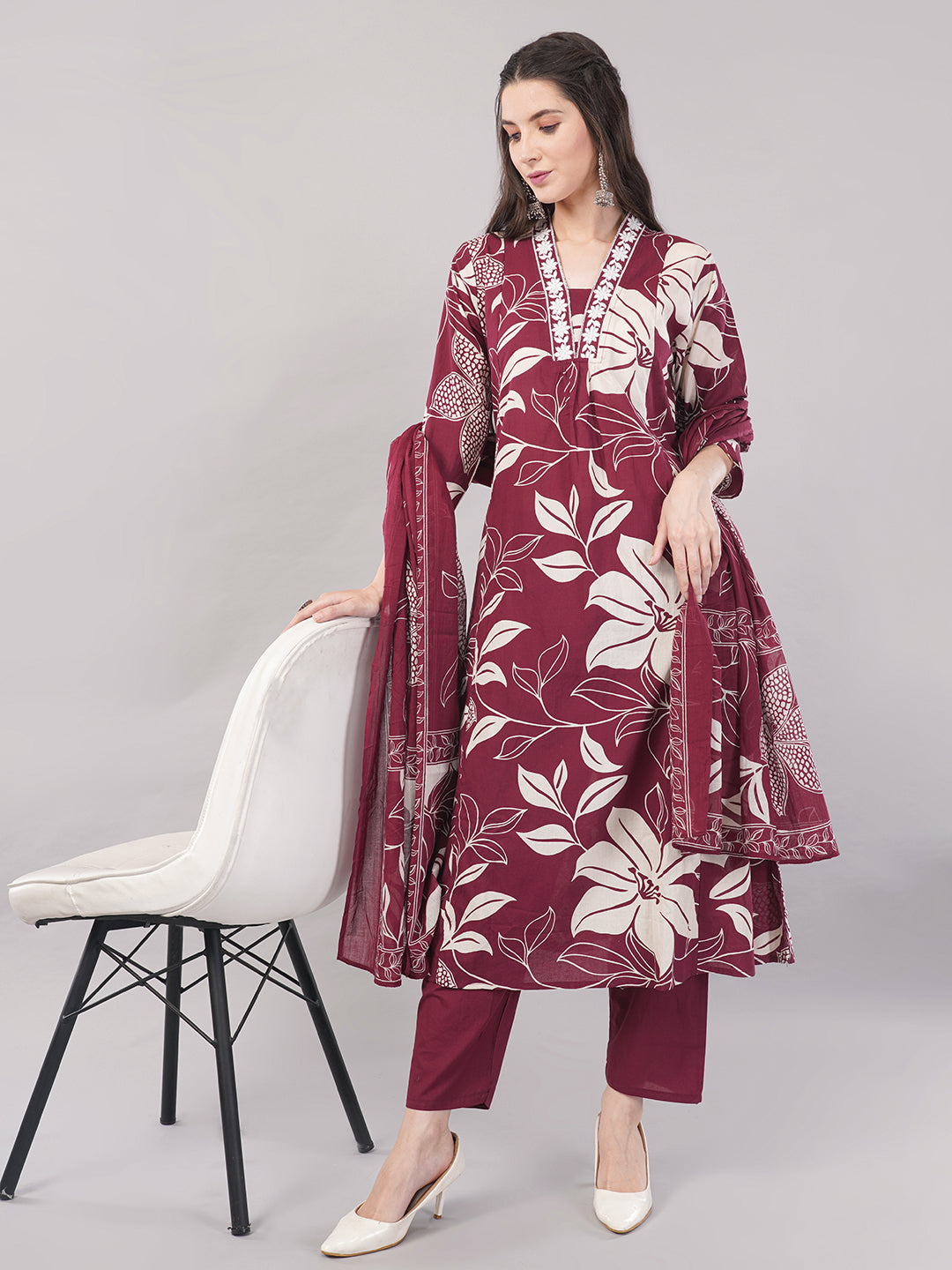 Wine Floral Printed Straight Kurta Set with Dupatta - Pure Cotton, V-Neck, 3/4 Sleeves