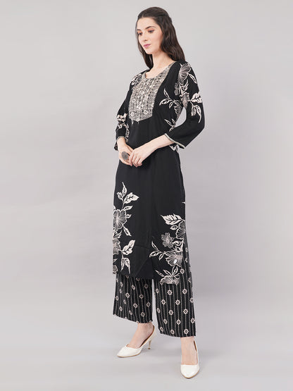 Black cotton Floral Printed Embroidered Kurta Set with Dupatta