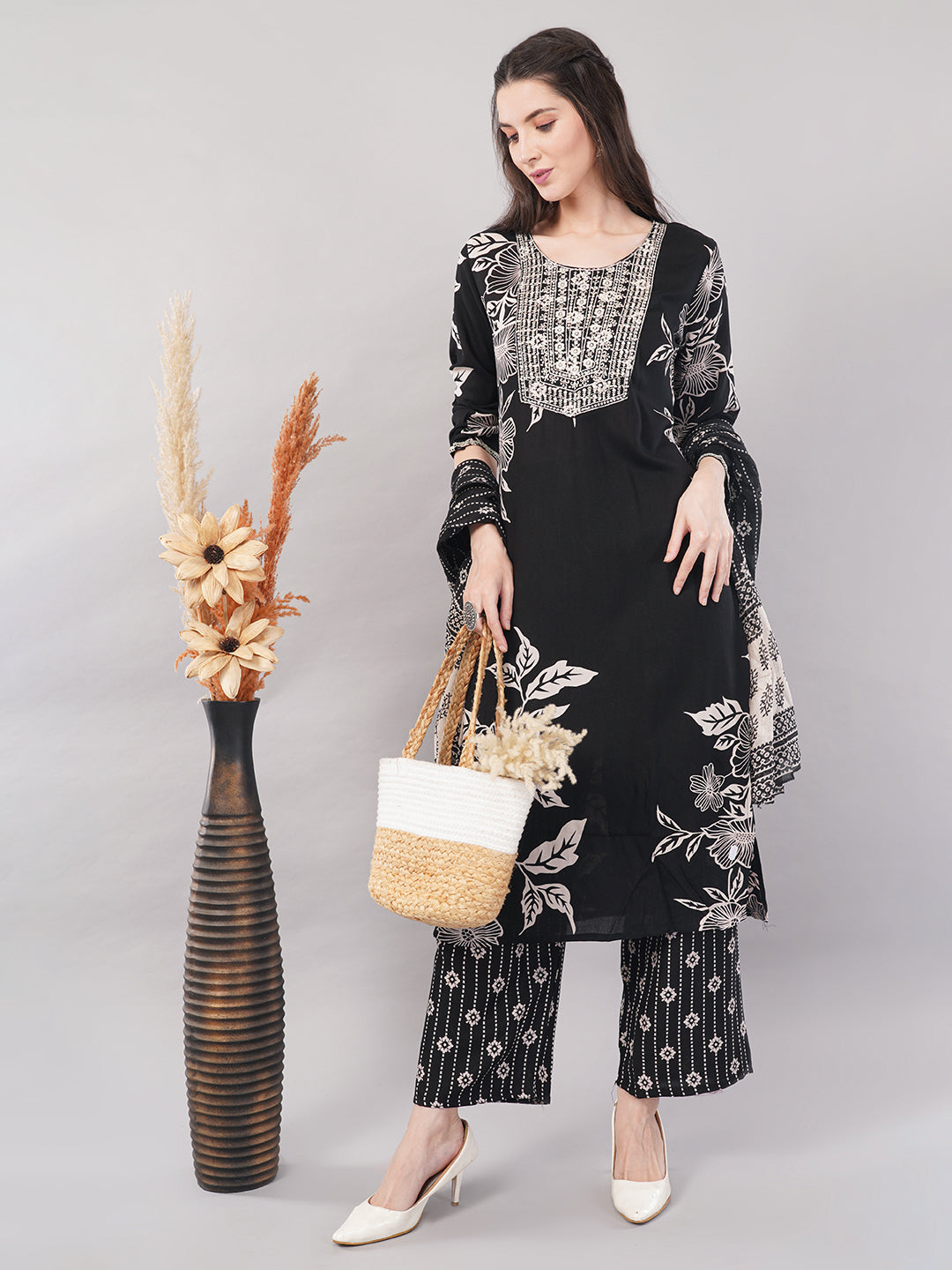 Black cotton Floral Printed Embroidered Kurta Set with Dupatta