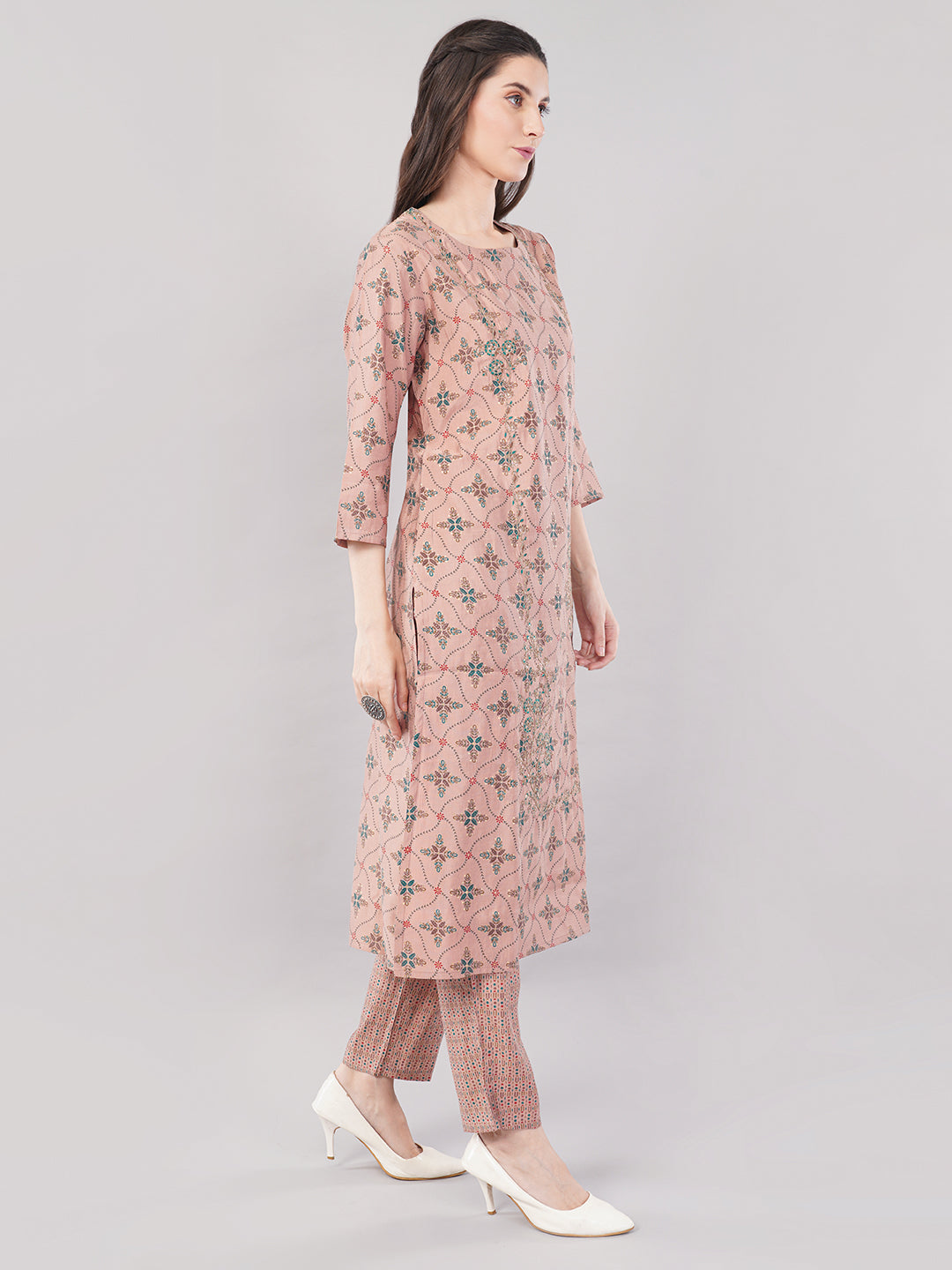 Women’s Mauve Printed Kurta Set with Dupatta &amp; Pants – Straight Fit, Ethnic Wear