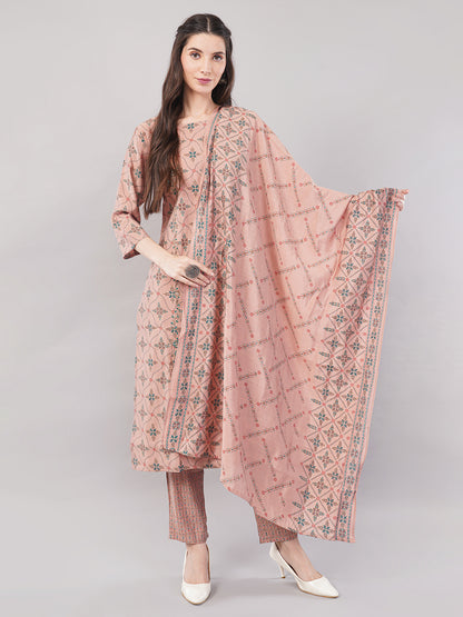 Women’s Mauve Printed Kurta Set with Dupatta &amp; Pants – Straight Fit, Ethnic Wear