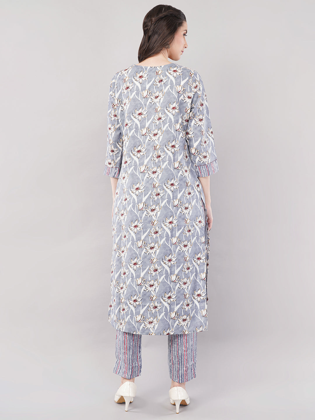 Women Light Grey Printed Straight Kurta Set with Dupatta - 3-Piece Cotton Blend Suit Set