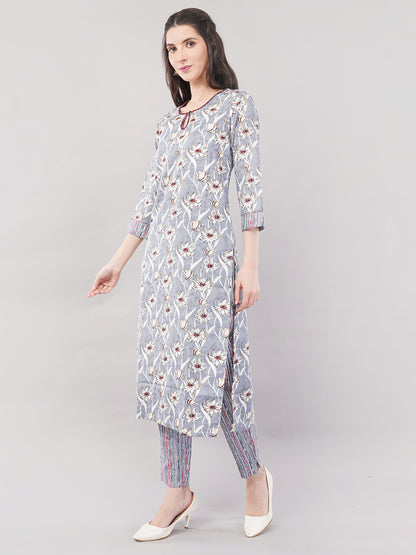 Women Light Grey Printed Straight Kurta Set with Dupatta - 3-Piece Cotton Blend Suit Set