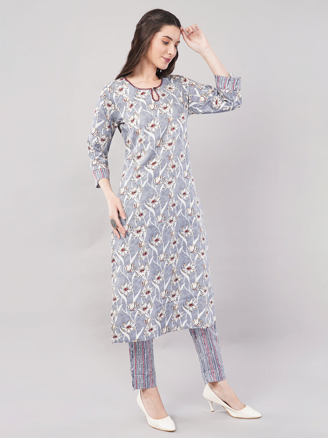 Women Light Grey Printed Straight Kurta Set with Dupatta - 3-Piece Cotton Blend Suit Set