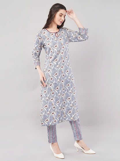 Women Light Grey Printed Straight Kurta Set with Dupatta - 3-Piece Cotton Blend Suit Set