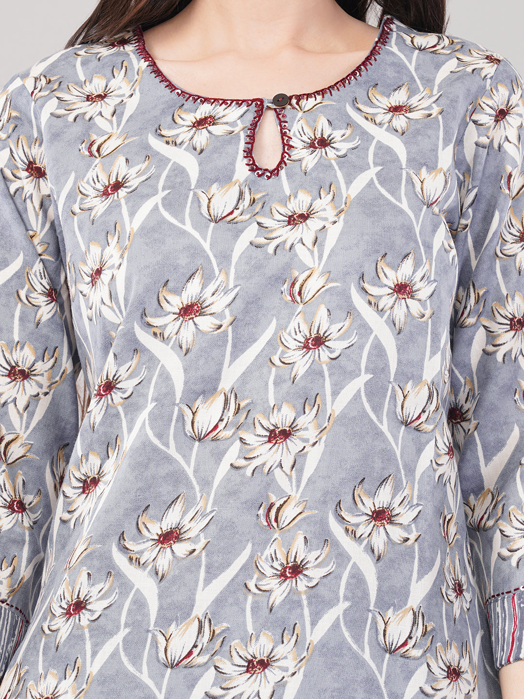 Women Light Grey Printed Straight Kurta Set with Dupatta - 3-Piece Cotton Blend Suit Set