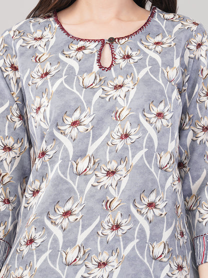 Women Light Grey Printed Straight Kurta Set with Dupatta - 3-Piece Cotton Blend Suit Set