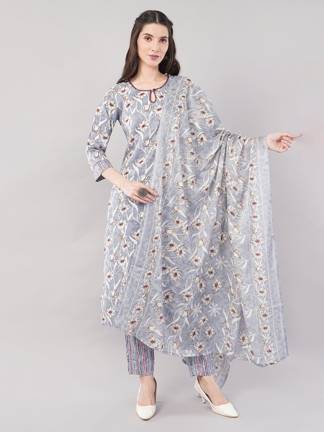 Women Light Grey Printed Straight Kurta Set with Dupatta - 3-Piece Cotton Blend Suit Set