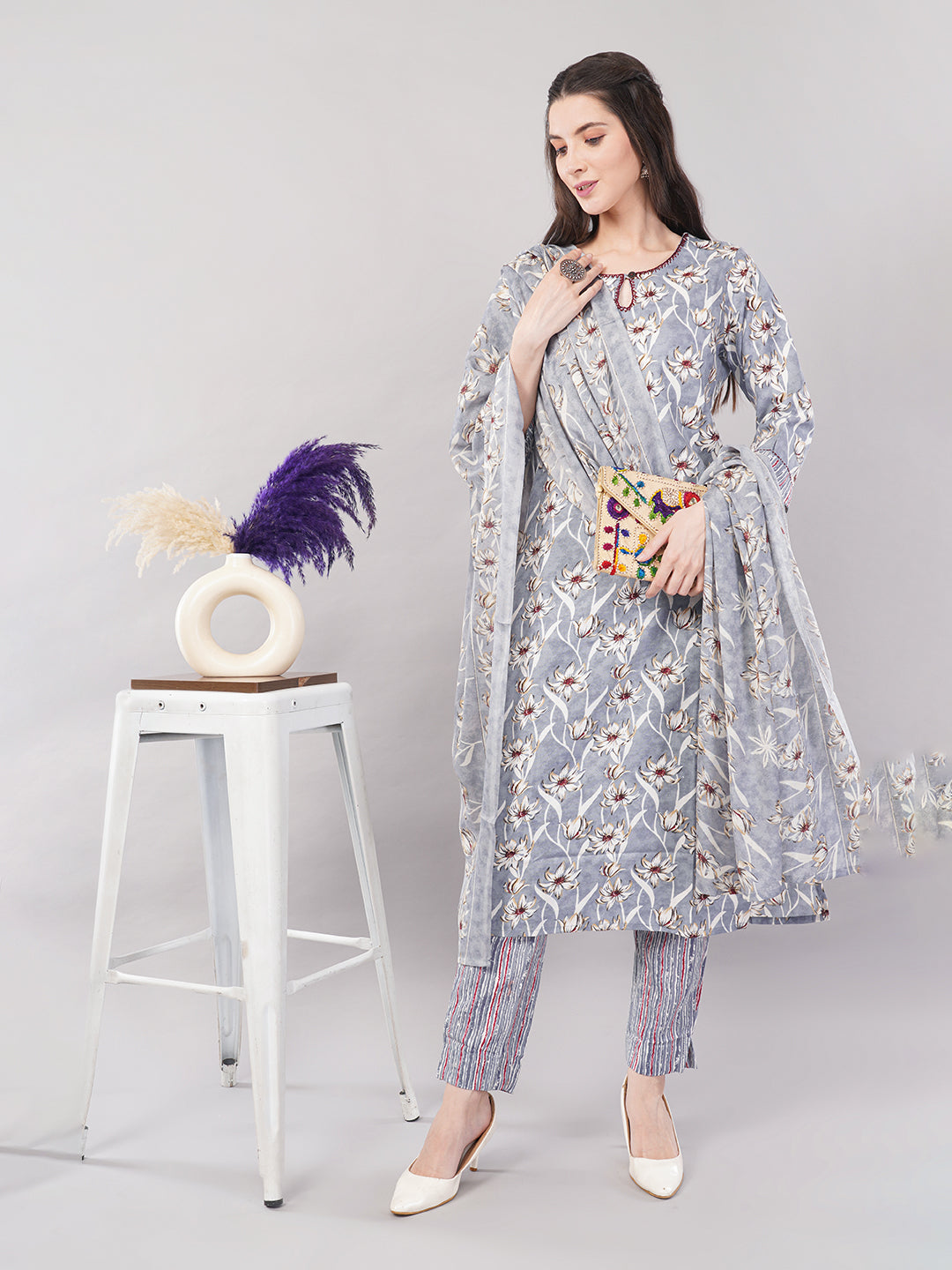 Women Light Grey Printed Straight Kurta Set with Dupatta - 3-Piece Cotton Blend Suit Set