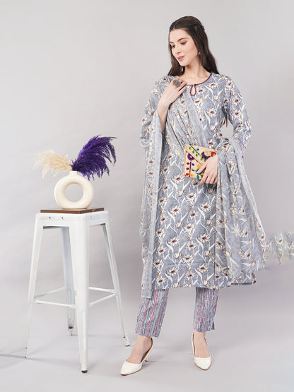 Women Light Grey Printed Straight Kurta Set with Dupatta - 3-Piece Cotton Blend Suit Set
