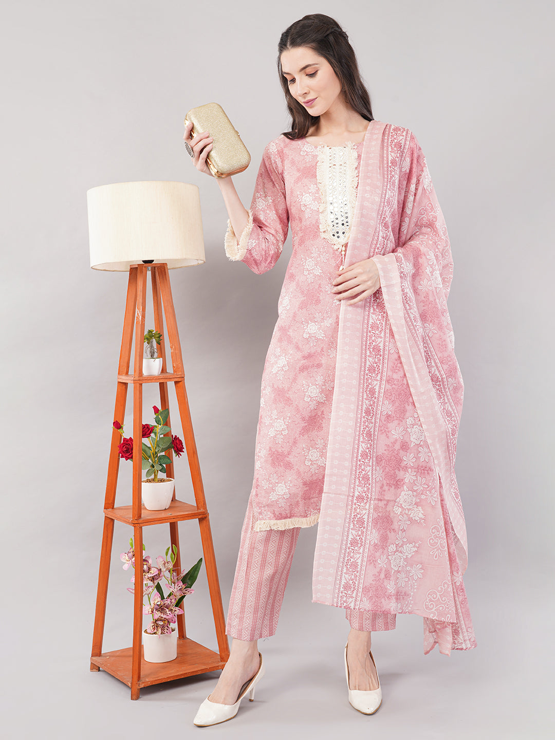 Nakhrelee Women Peach Ethnic Motifs Printed Kurta with Trousers &amp; Dupatta
