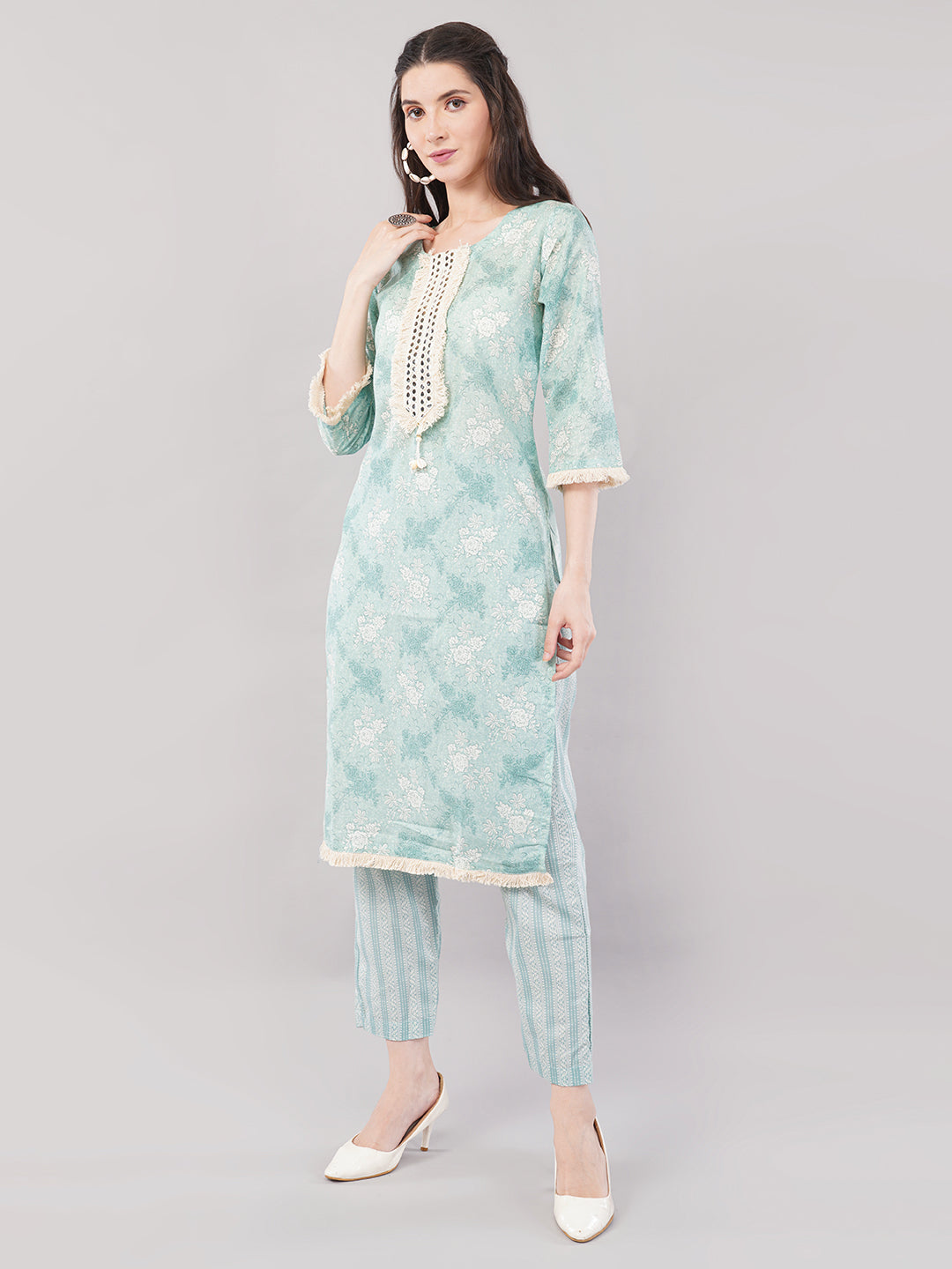 Nakhrelee Women Sea Green Ethnic Motifs Printed Kurta with Trousers &amp; Dupatta