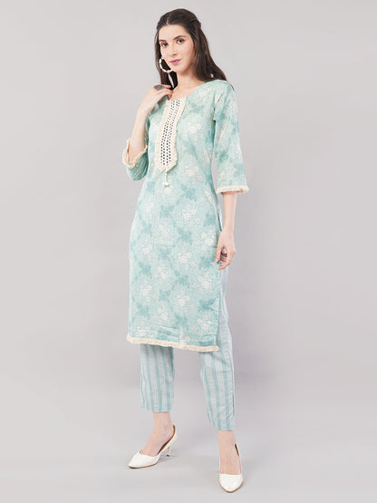 Nakhrelee Women Sea Green Ethnic Motifs Printed Kurta with Trousers &amp; Dupatta