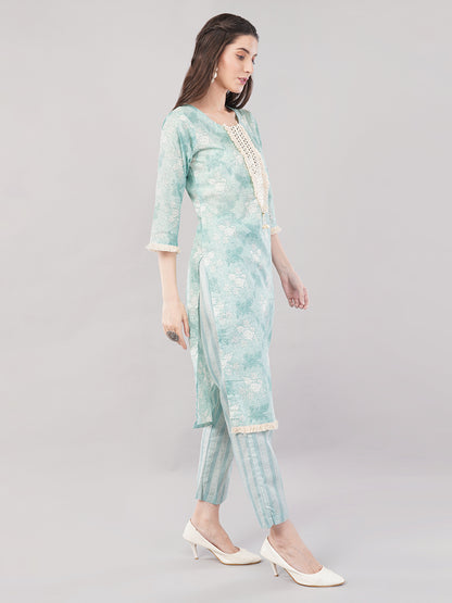 Nakhrelee Women Sea Green Ethnic Motifs Printed Kurta with Trousers &amp; Dupatta