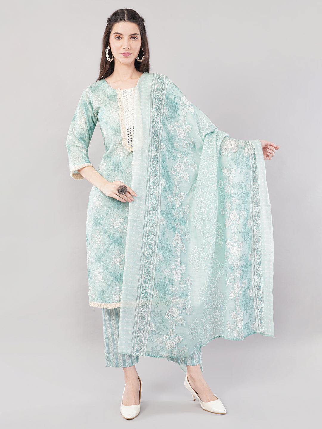 Nakhrelee Women Sea Green Ethnic Motifs Printed Kurta with Trousers &amp; Dupatta