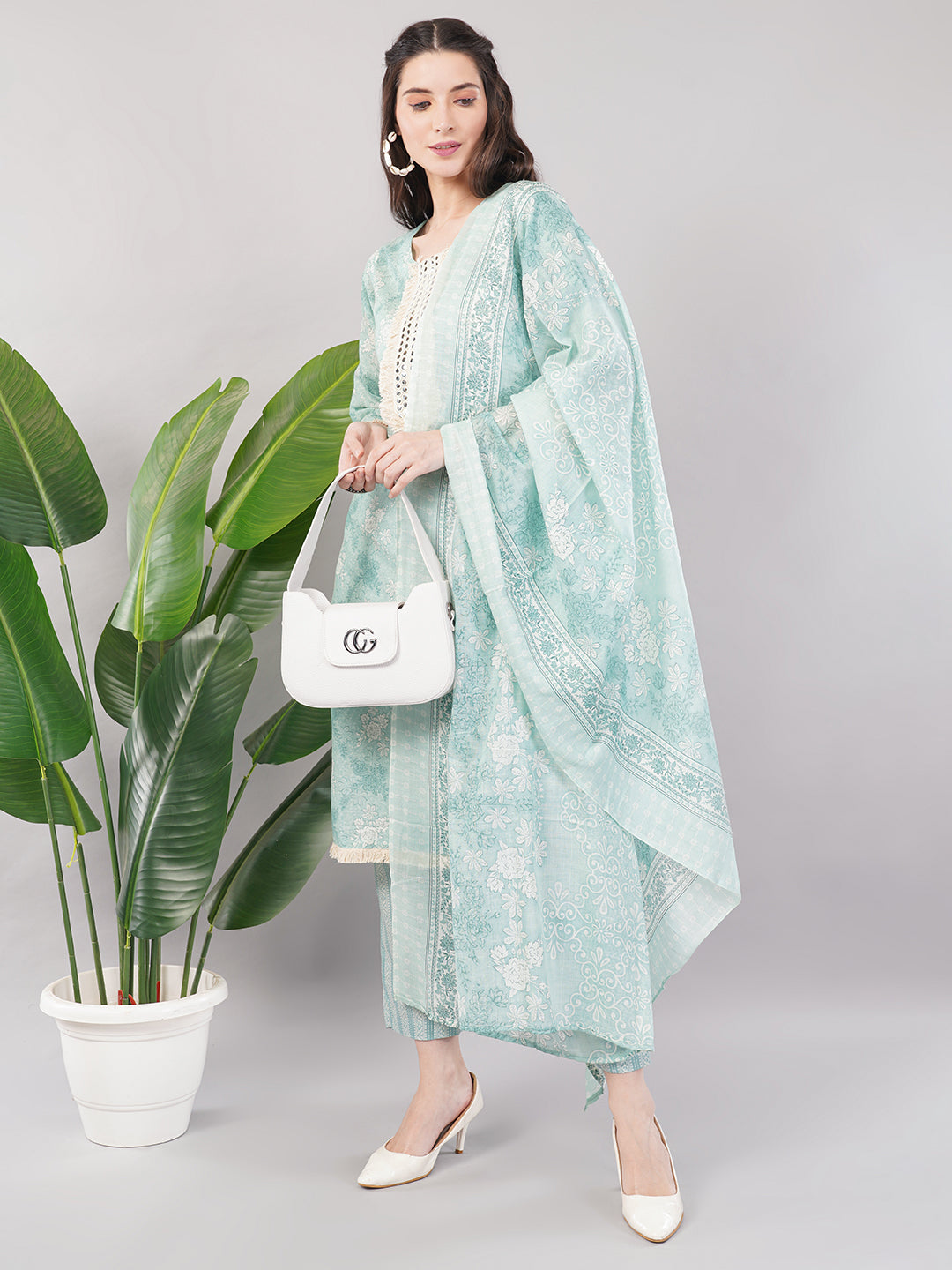 Nakhrelee Women Sea Green Ethnic Motifs Printed Kurta with Trousers &amp; Dupatta