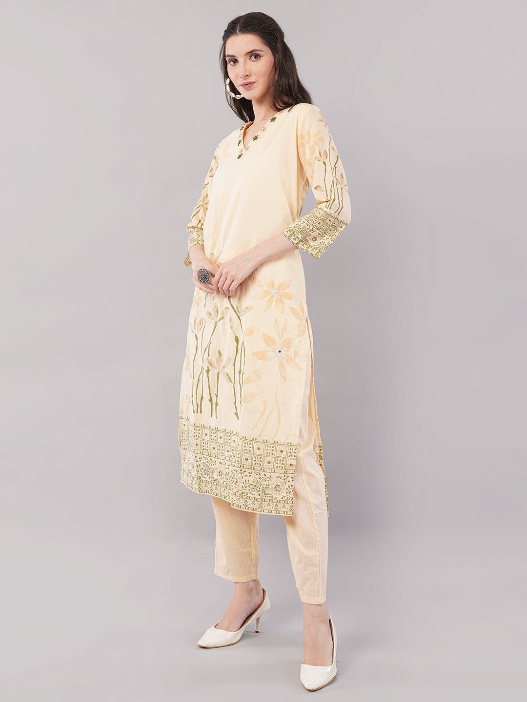 Lemon Floral Embroidered Kurta Set with Straight Pants &amp; Dupatta
