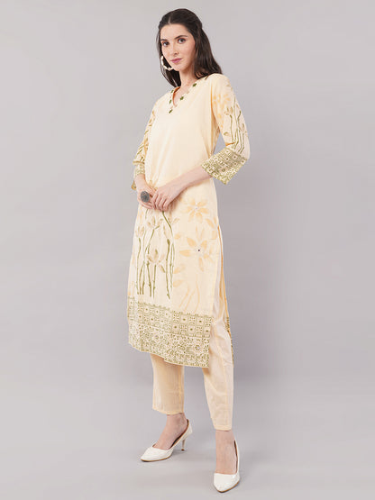 Lemon Floral Embroidered Kurta Set with Straight Pants &amp; Dupatta