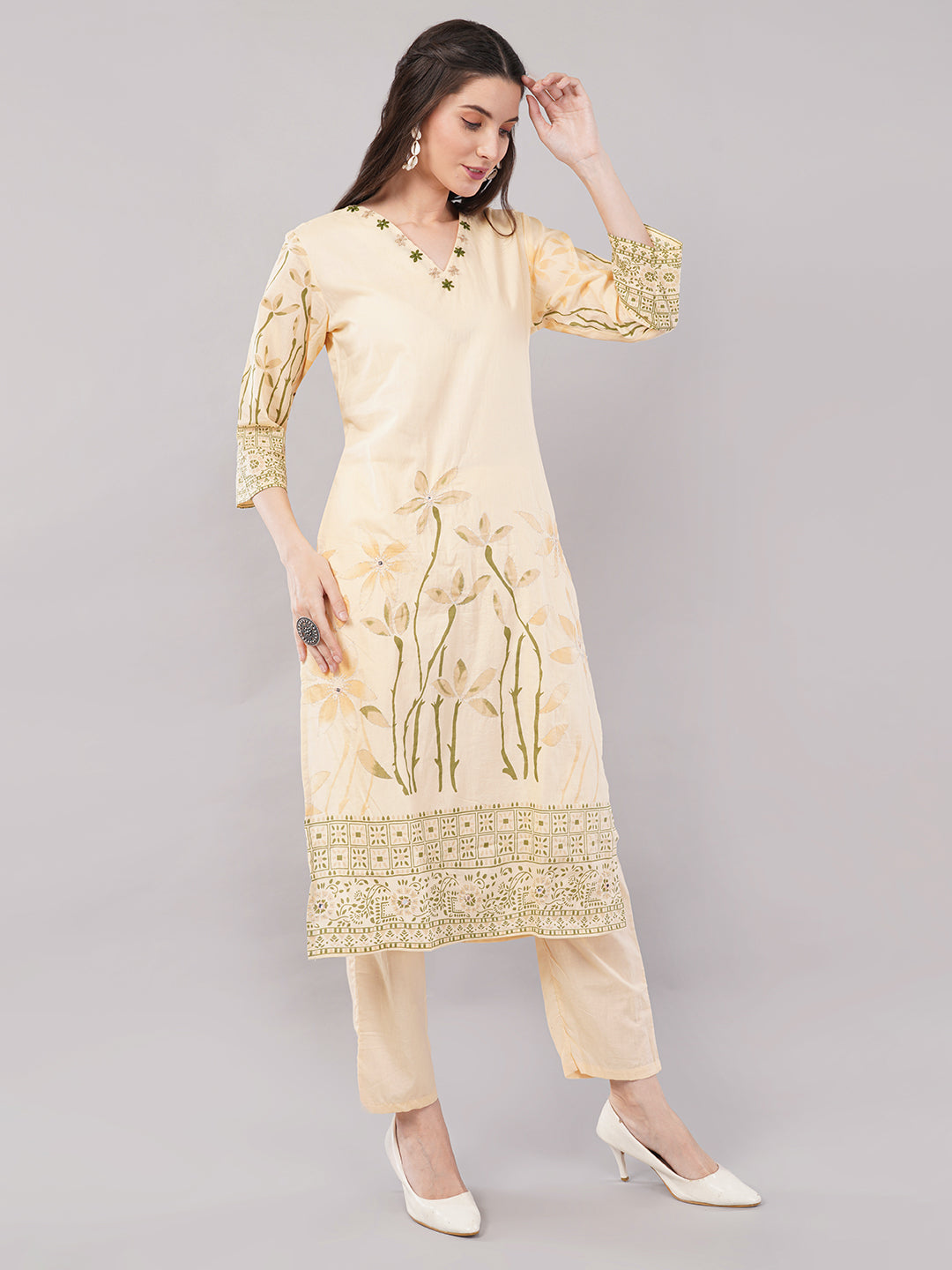 Lemon Floral Embroidered Kurta Set with Straight Pants &amp; Dupatta
