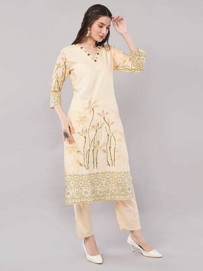 Lemon Floral Embroidered Kurta Set with Straight Pants &amp; Dupatta